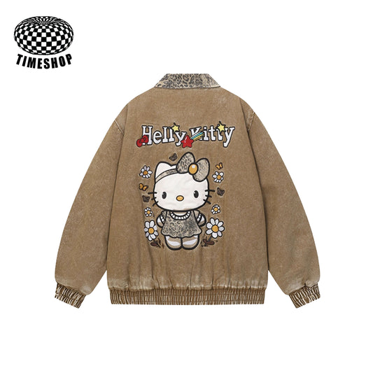 Retro Hello Kitty leopard print jacket and denim cotton coat