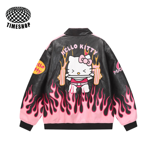 Retro Hello Kitty flame embroidered leather motorcycle jacket