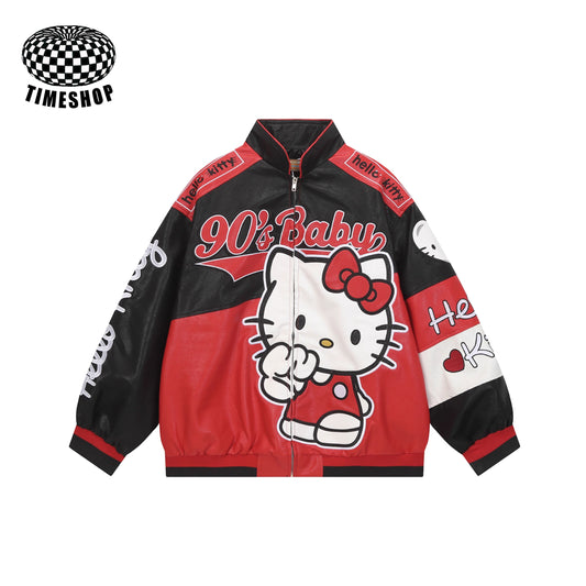 Retro Hello Kitty embroidered color-blocked biker jacket