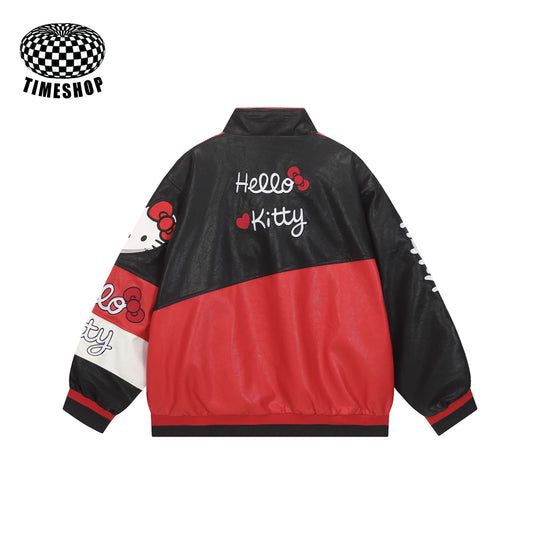 Retro Hello Kitty embroidered color-blocked biker jacket