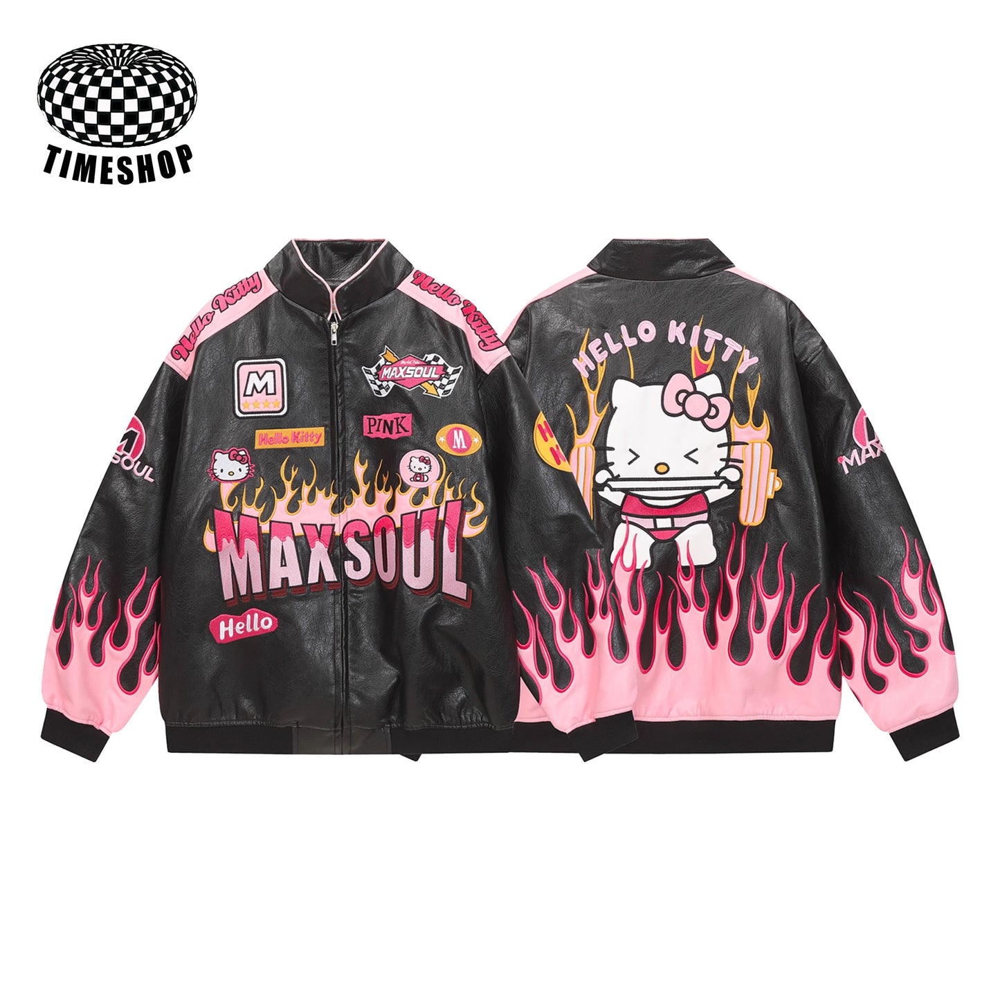 Retro Hello Kitty flame embroidered leather motorcycle jacket